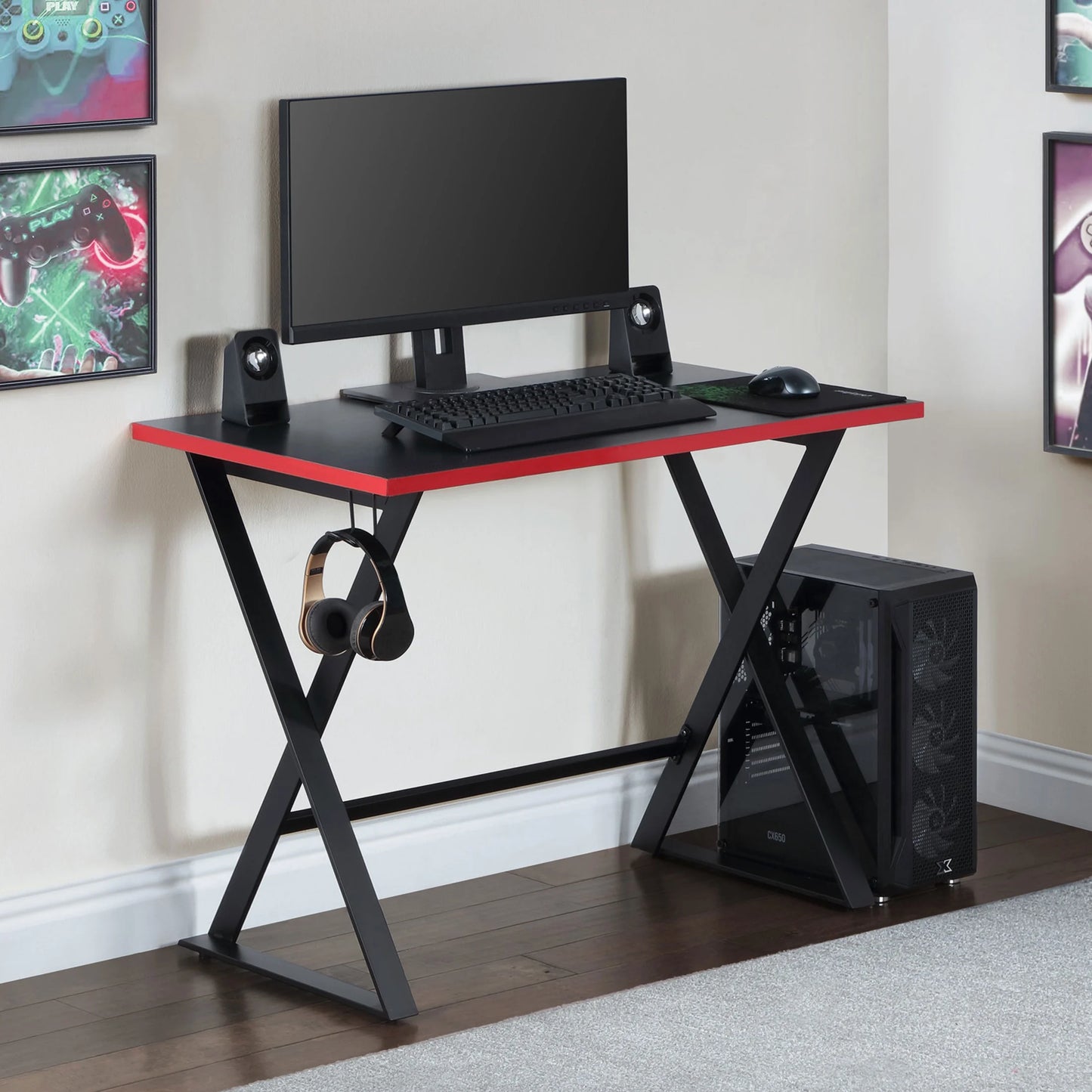 Gamer Gear Jr. Gaming Desk with LED Lighting, Teens and Kids, Red and Black