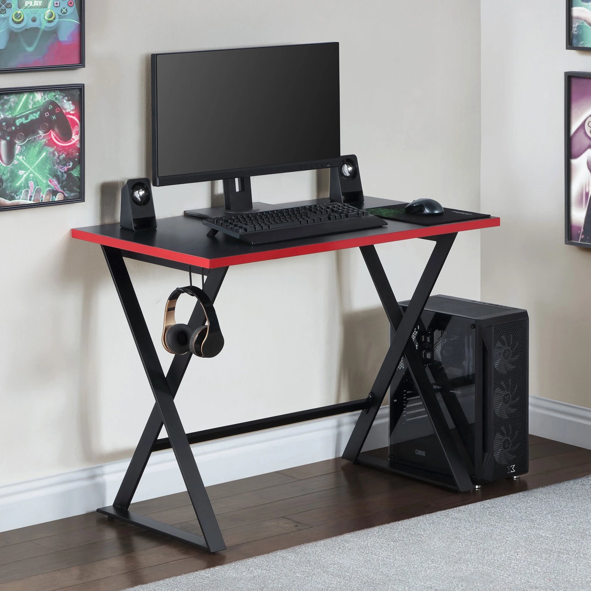 Gamer Gear Jr. Gaming Desk with LED Lighting, Teens and Kids, Red and Black