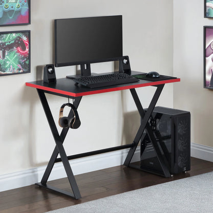 Gamer Gear Jr. Gaming Desk with LED Lighting, Teens and Kids, Red and Black