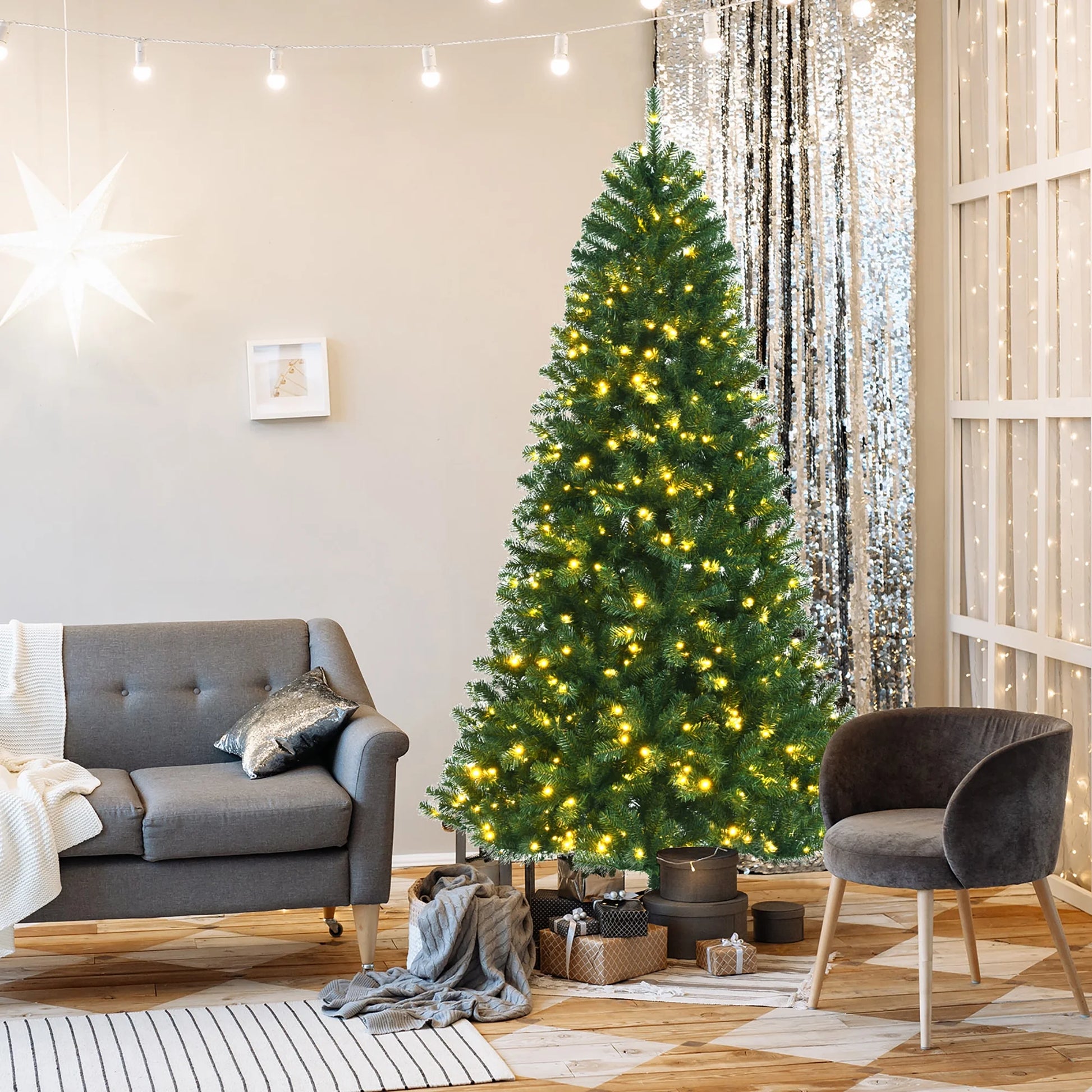 Costway 7ft Pre-lit Hinged Christmas Tree w/Remote Control & 9 Lighting Modes