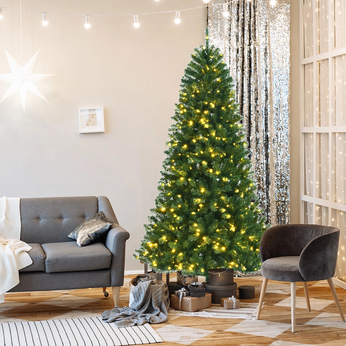 Costway 7ft Pre-lit Hinged Christmas Tree w/Remote Control & 9 Lighting Modes