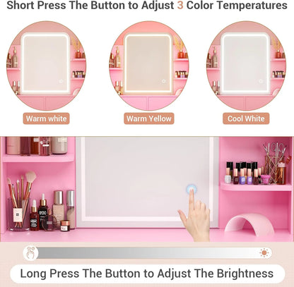 iSunirm Vanity Desk with Mirror and Lights, Makeup Vanity with 2 Drawers, Vanity Table Set with 3 Color Adjustable Lighting Options, Modern Dressing Table with Shelf, for Bedroom, Pink