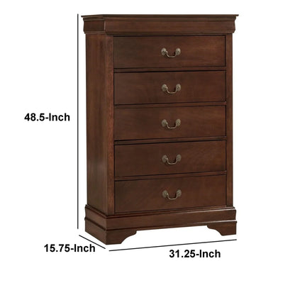 5 Drawer Wooden Chest With Metal Hardware, Cherry Brown- Saltoro Sherpi