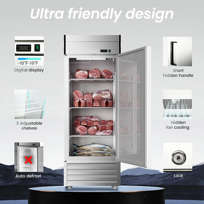 27"W Dynamic Cooling Commercial Freezer 23 Cu. Ft OmniSmart Temperature Control -10° F~10° F Self Closing Stainless Steel Reach-In Commercial Freezer Digital Thermostat LED Lighting 3 Shelves