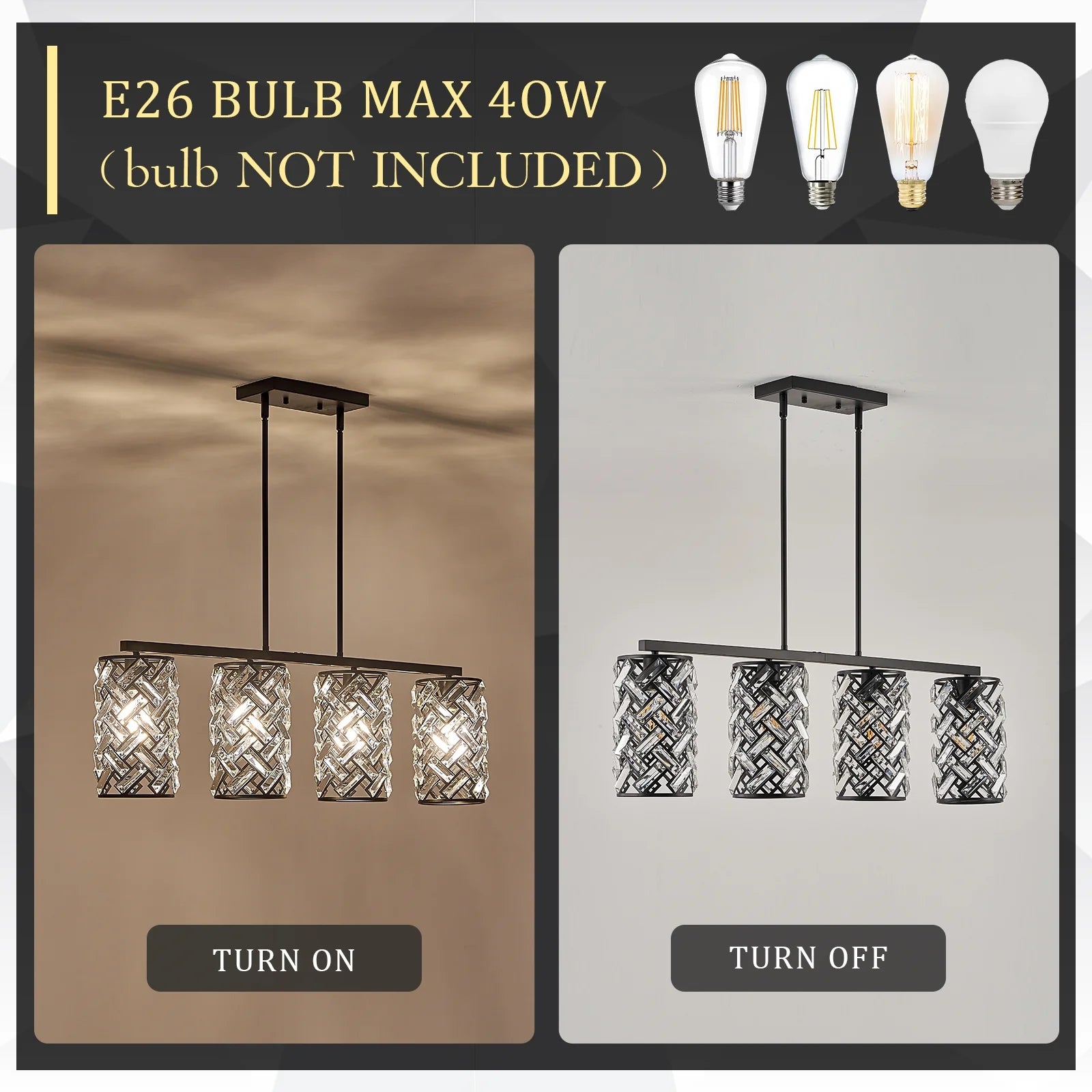 40" Crystal Kitchen Island Lighting 4 Lights Modern Black Linear Chandelier Dining Room Light Fixture Over Table Luxury Ceiling Pendant Light Fixture