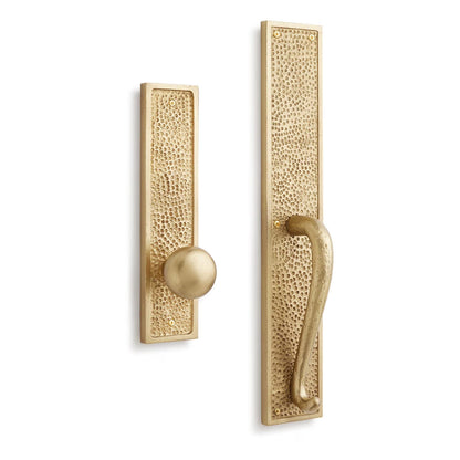 Signature Hardware 441544 Traeger Solid Brass Hammered Style Full Plate Dummy Door Handleset with Interior Knob, Satin Brass