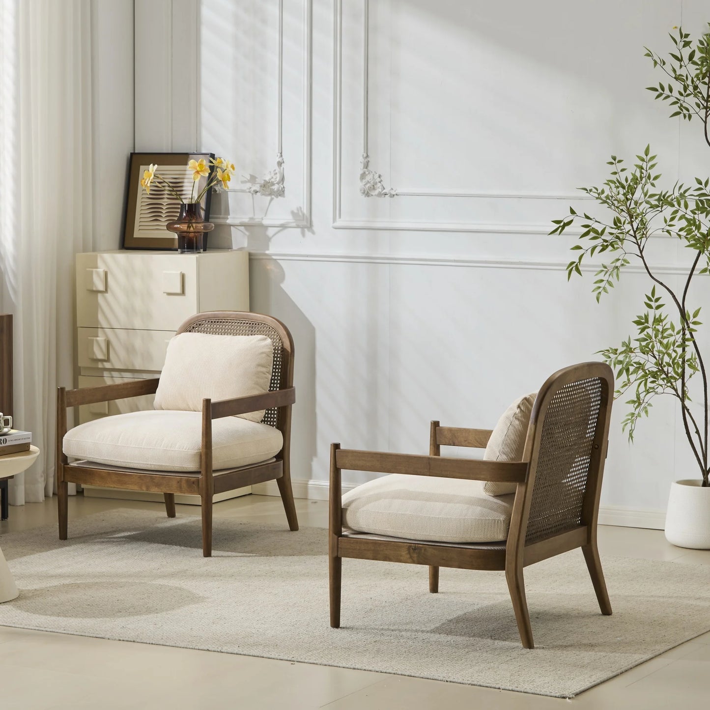 Christopher Knight Home [Set of 2] Mid-Century Modern Accent Chairs with Light Brown Solid Wood Frame, Rattan Backrest with Cushion - Comfortable Armchairs Light Brown