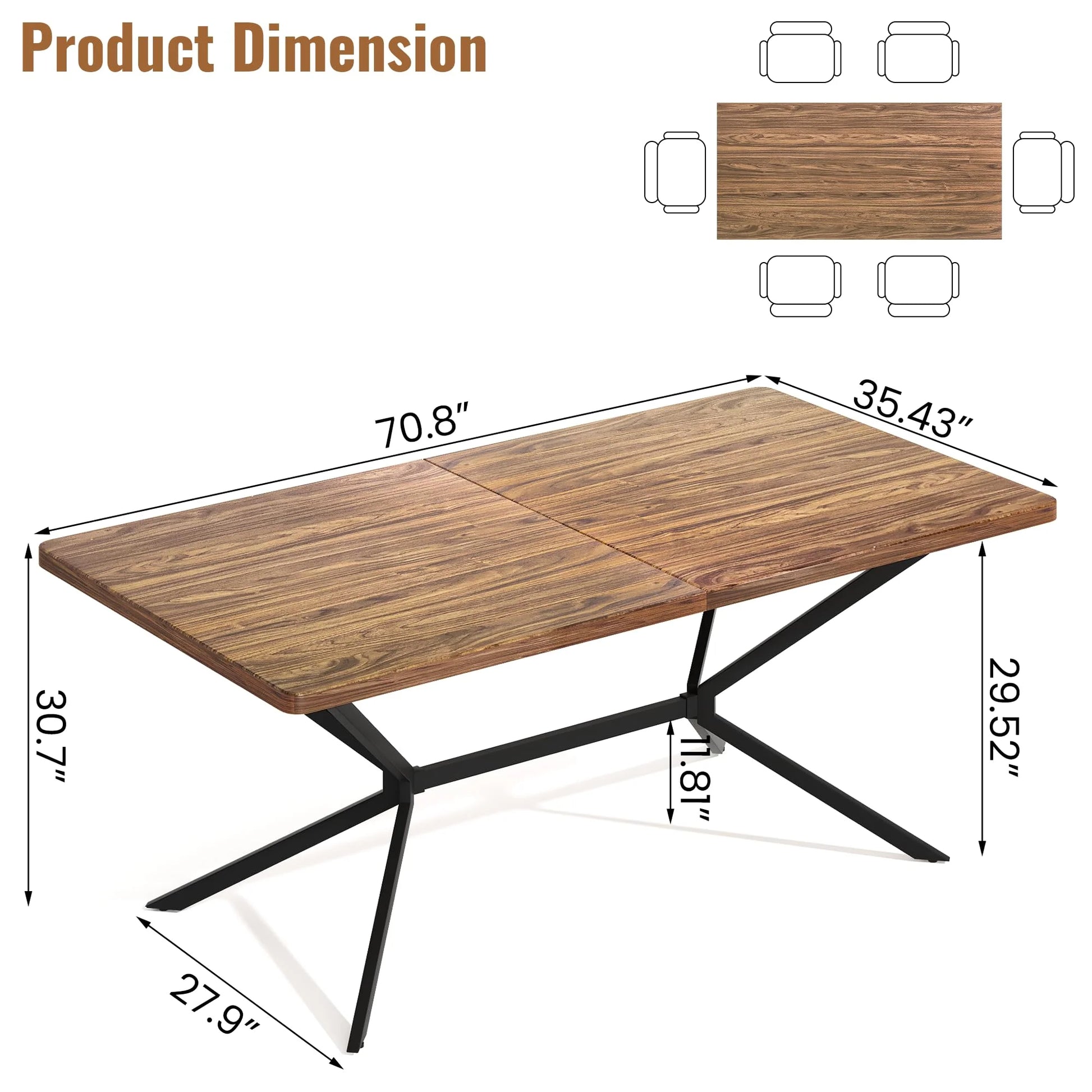 Baxluxe Mid Century Modern Dining Table 70.8 Inch, 6-8 Person Rectangular Kitchen Table with X-Shaped Metal Legs, Wooden Surface Coffee Tables for Living Room, Dining Room, Breakfast Nook, Brown