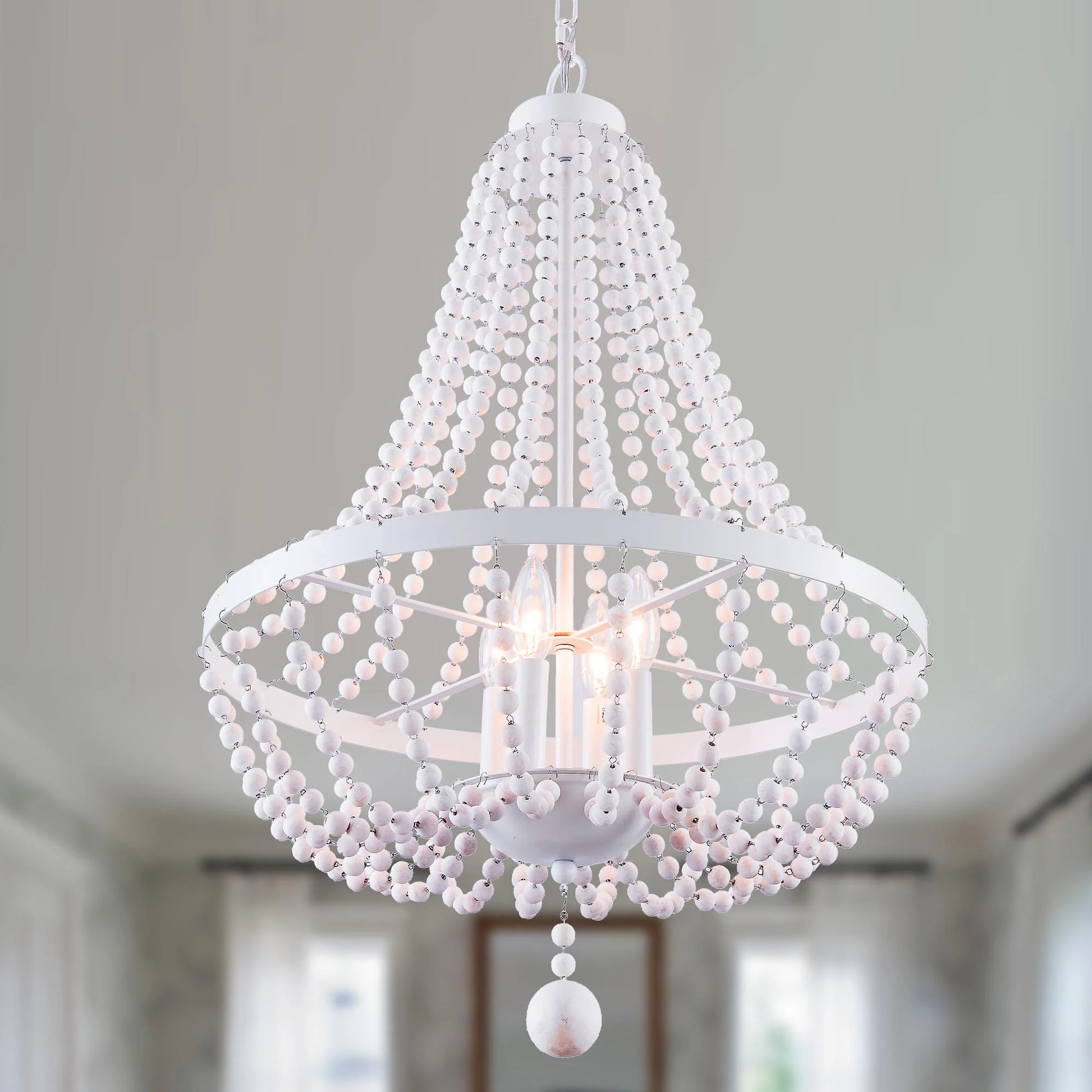Oaks Aura 4-Light Farmhouse Wood Beaded Chandelier Adjustable Height Black Finish Boho Pendant Lighting