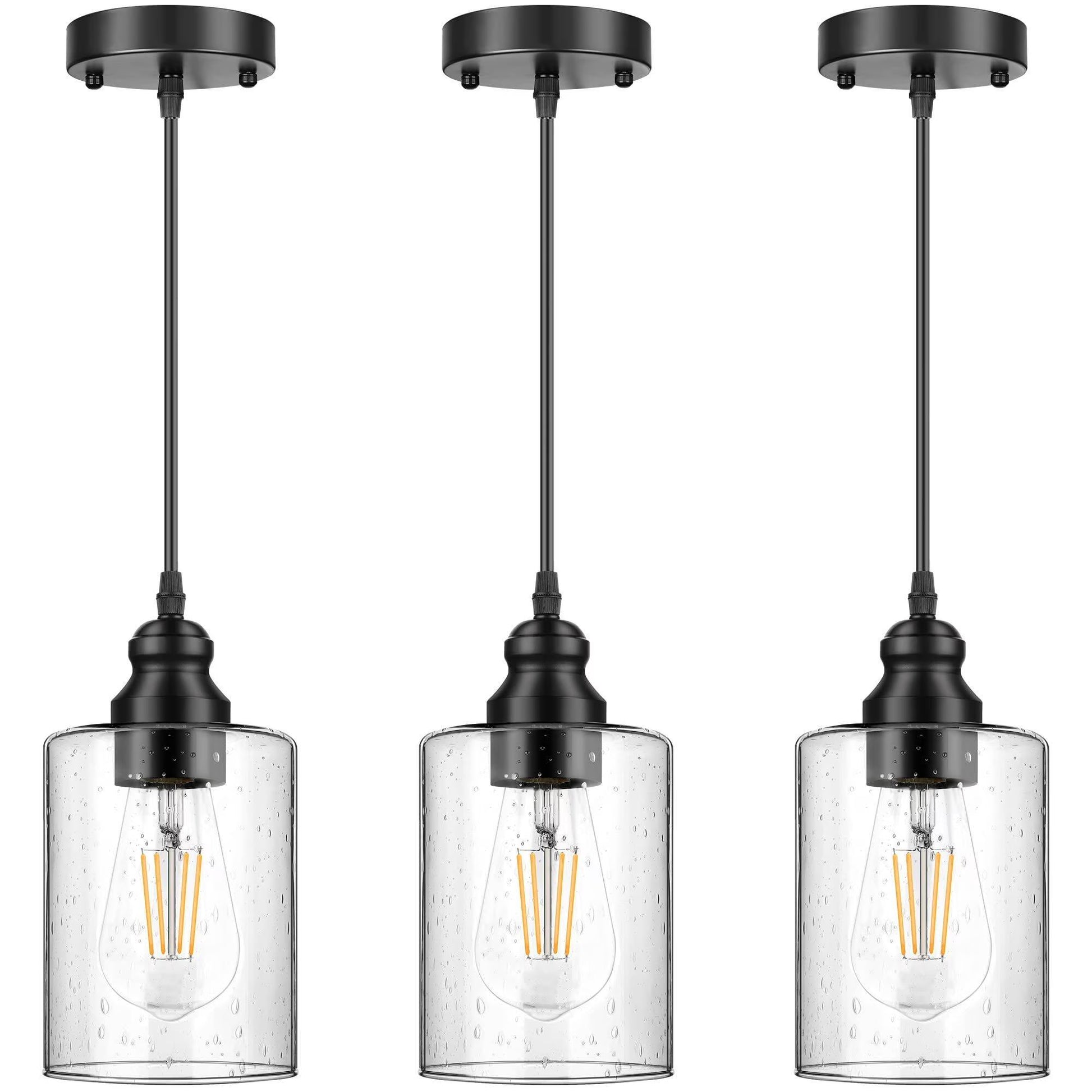 3 Pack Industrial Pendant Lights,Adjustable Hanging Light Fixtures,Seeded Glass Shade Pendant Lighting