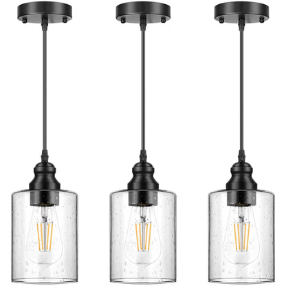 3 Pack Industrial Pendant Lights,Adjustable Hanging Light Fixtures,Seeded Glass Shade Pendant Lighting
