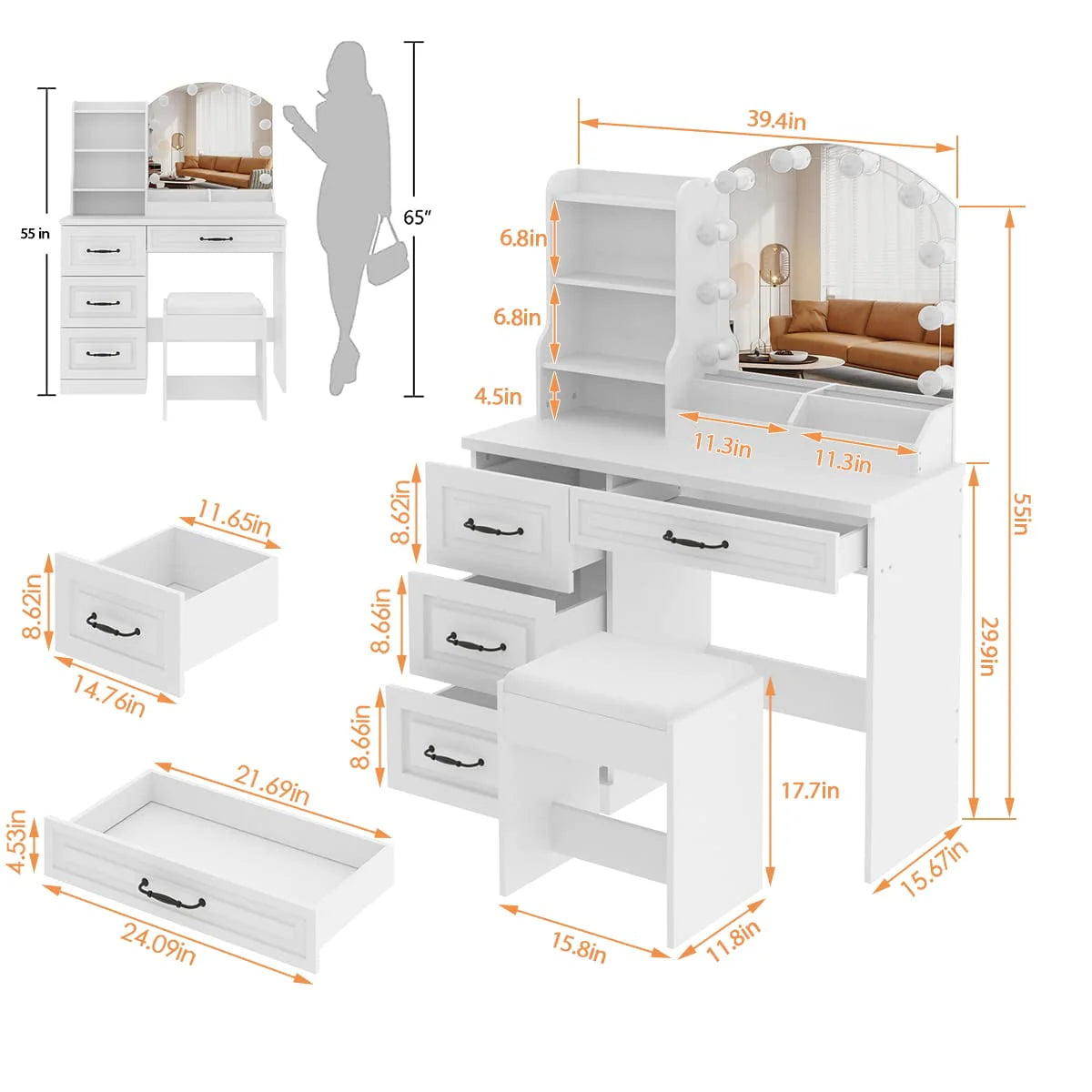 Veanerwood Makeup Vanity Desk with Lights and 4 Drawers, Modern Vanity Table Set, 3 Lighting Colors, 39.4in, White Finish