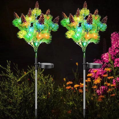 Motrke 4PCS Solar Flickering Pine Lights LED Solar Powered Christmas Tree Lights with Pine Cones Waterproof Multi Color Landscape Lights for Home Christmas Decoration