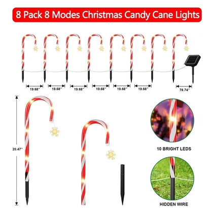 8 pk Solar Outdoor 20 inches LED 8 Modes Christmas Xmas Candy Cane Crutches with Stars Holiday Waterproof Pathway Warm Lights