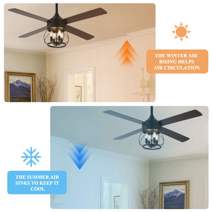 52" Farmhouse Ceiling Fan 4-Light Wood Lighting Reversible Blades with Light and Remote Control 6 Speed