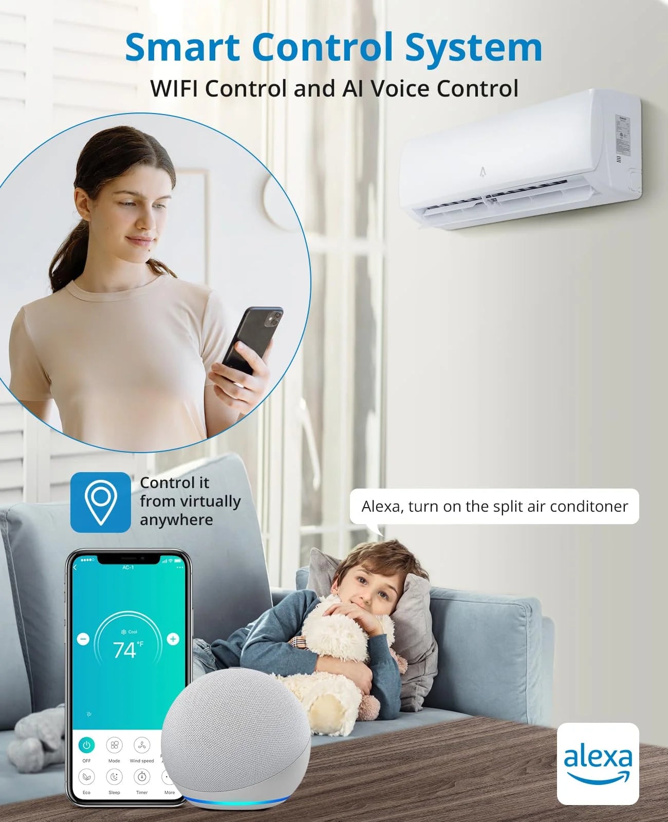 12000BTU Mini Split AC/Heating System, 19 SEER 230V Split AC Unit Cools Up to 750 Sq. Ft, Wifi Enabled Mini Split Heating and Cooling Compatible with Alexa, Installation Kit