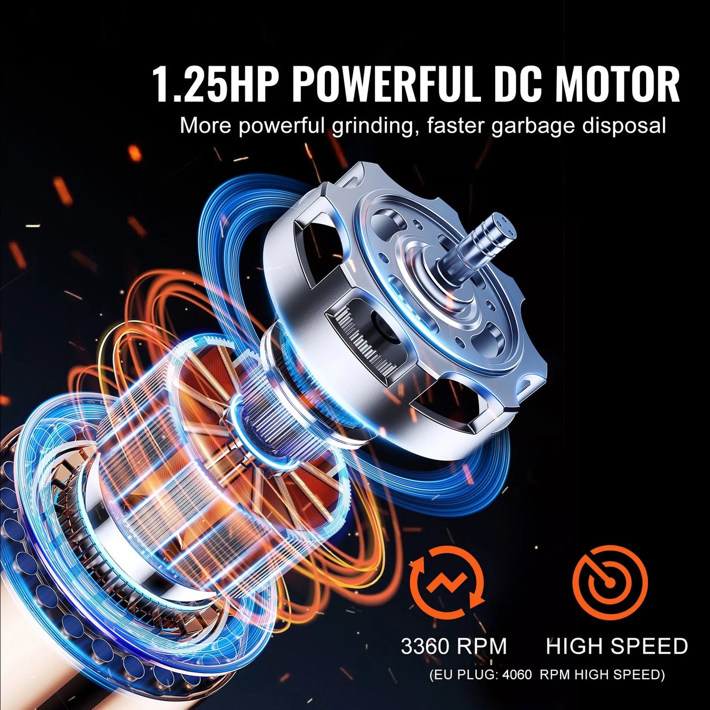 KFFKFF Garbage Disposal, 1.25HP 3360RPM Constant Operation Kitchen Scraps Grinder, Simple Connection Food Residue Grinding Mechanism with Noise Dampening, Electrical Cable & Spatter Shield