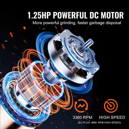 KFFKFF Garbage Disposal, 1.25HP 3360RPM Constant Operation Kitchen Scraps Grinder, Simple Connection Food Residue Grinding Mechanism with Noise Dampening, Electrical Cable & Spatter Shield