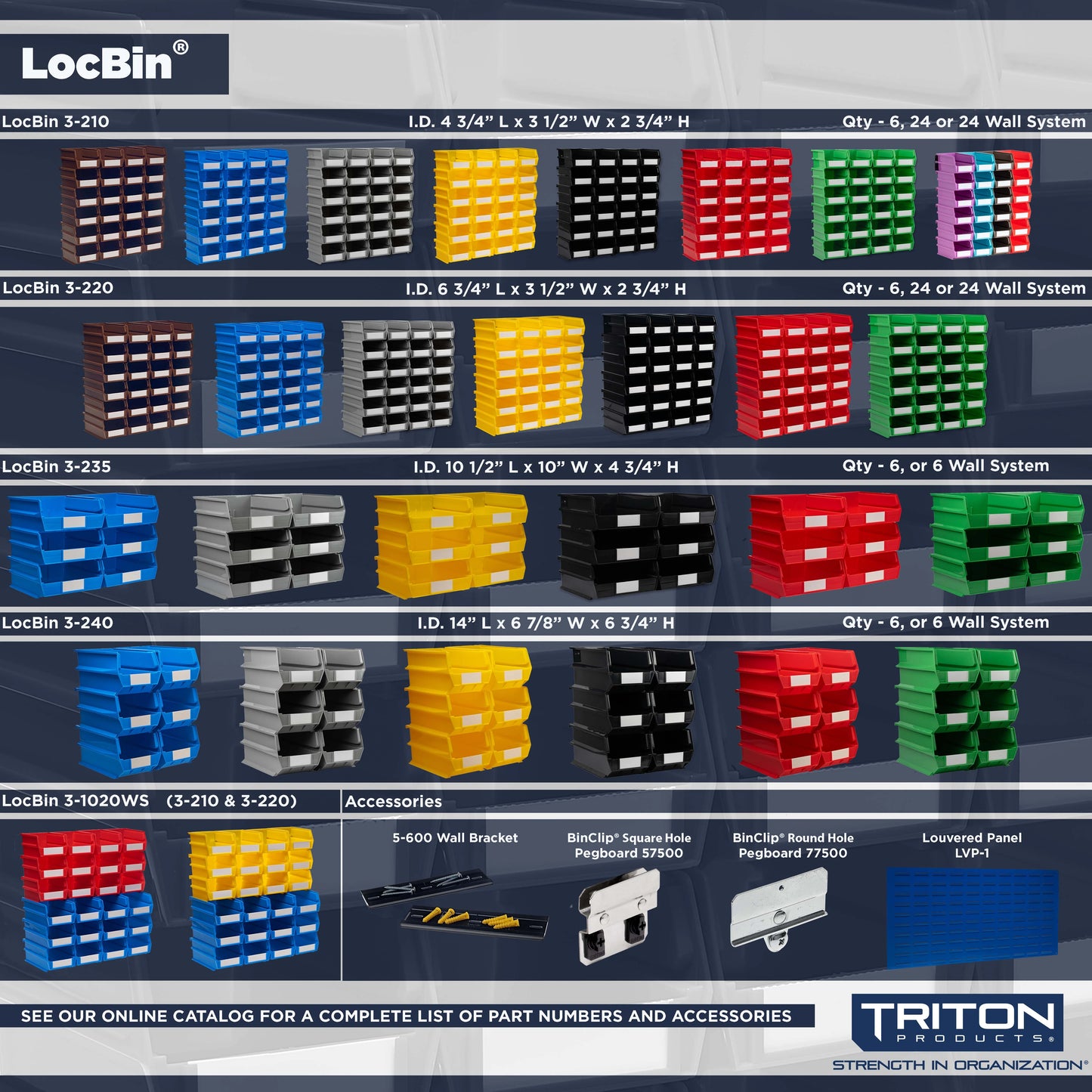 Triton Products LocBin 8-Piece Wall Storage Unit with 14-3/4"L x 8-1/4"W x 7"H Interlocking Poly Bins, 6ct, Wall Mount Rails 8-3/4"L with Hardware, 2pk Organizers