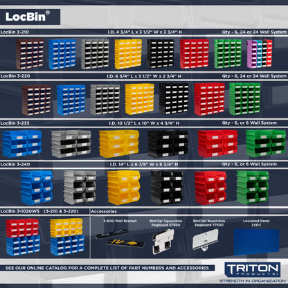 Triton Products LocBin 8-Piece Wall Storage Unit with 14-3/4"L x 8-1/4"W x 7"H Interlocking Poly Bins, 6ct, Wall Mount Rails 8-3/4"L with Hardware, 2pk Organizers