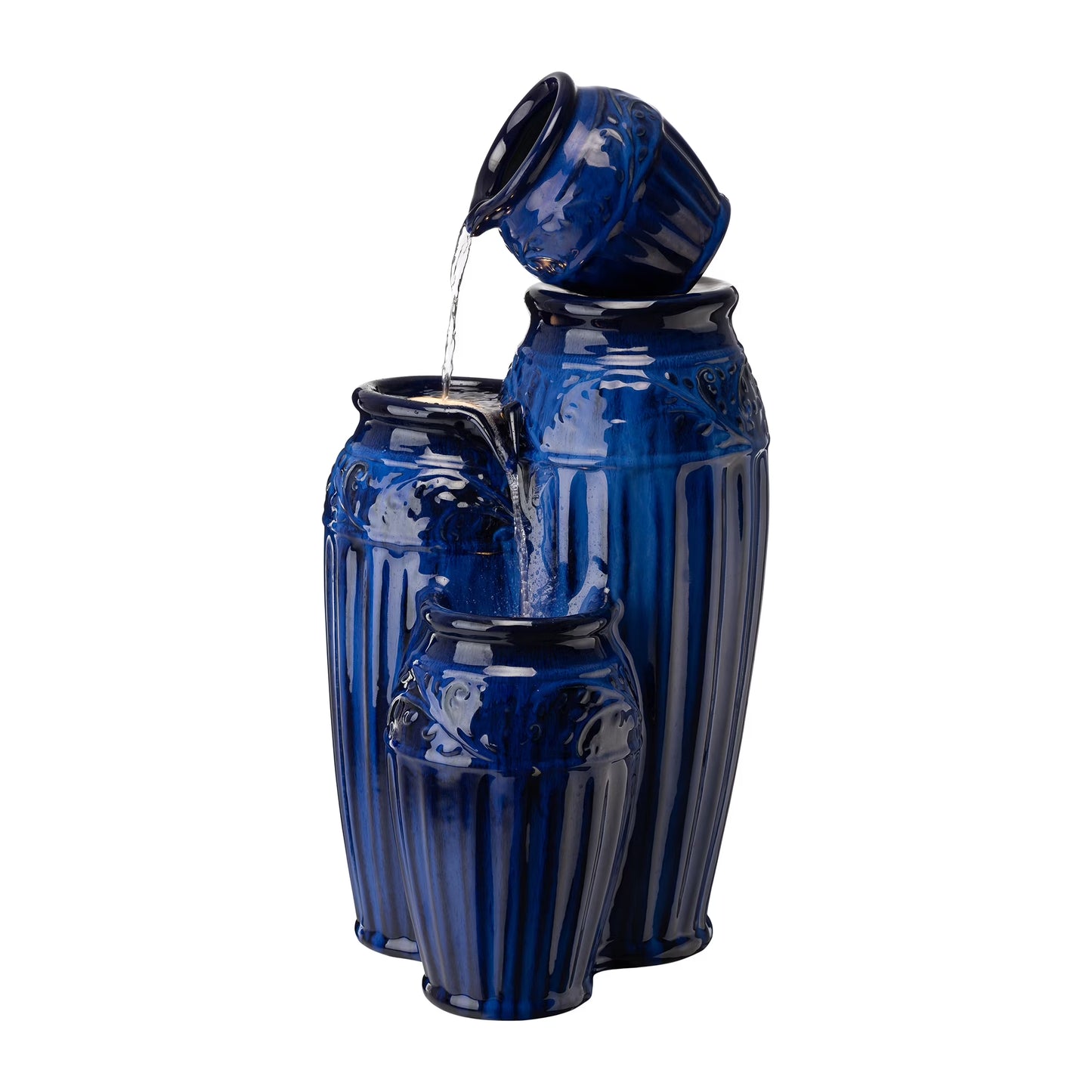Glitzhome 27.25" 4 Tier Embossed Pattern Ceramic Pots Electrical Water Fountain with LED Light