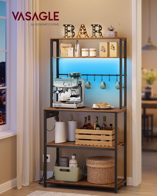 Modern Coffee Bar Cart with LED Lighting, Adjustable Shelves & Power Outlet, Multi-Purpose Kitchen Bakers Rack, 65.7 Inches Tall, Rustic Brown