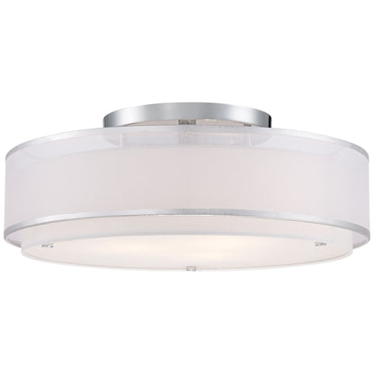 Possini Euro Design Modern Ceiling Lighting Semi Flush Mount Fixture 20" Wide Chrome 3-Light Sheer Outer Off White Inner Drum Shade for Bedroom House