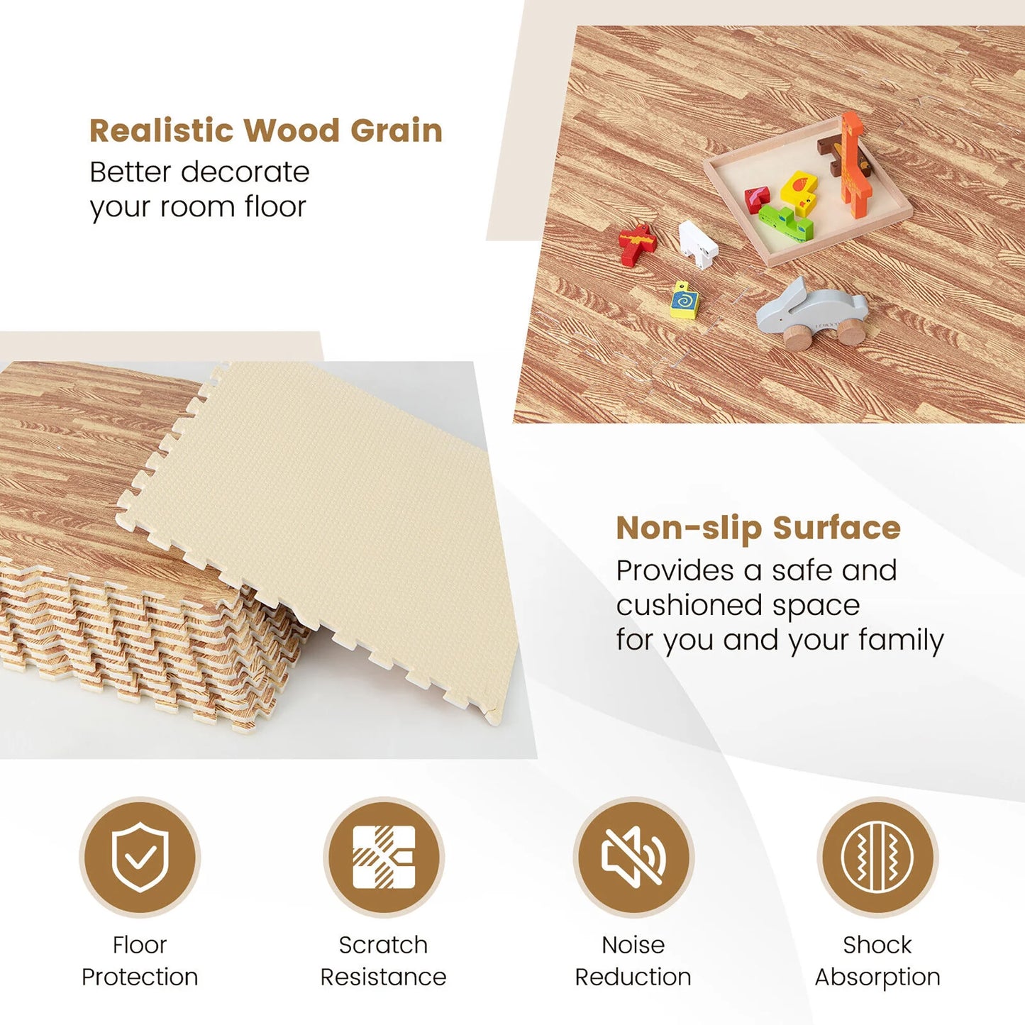 Gymax 24 Tiles Wood Grain EVA Foam Floor Mats Interlocking w/Borders 24'' Natural