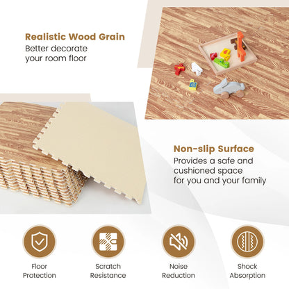 Gymax 24 Tiles Wood Grain EVA Foam Floor Mats Interlocking w/Borders 24'' Natural