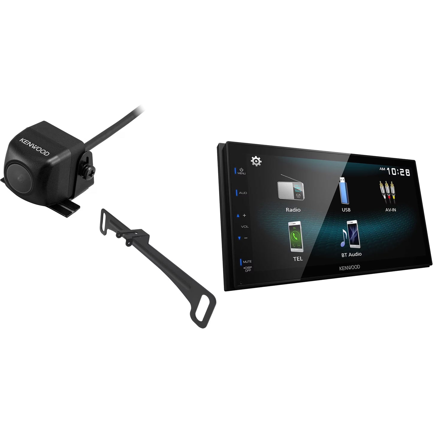 Kenwood DMX129BT MultiMedia Receiver (No CD) with Bluetooth with CMOS-230LP Rearview Camera with License Plate Mounting Hardware