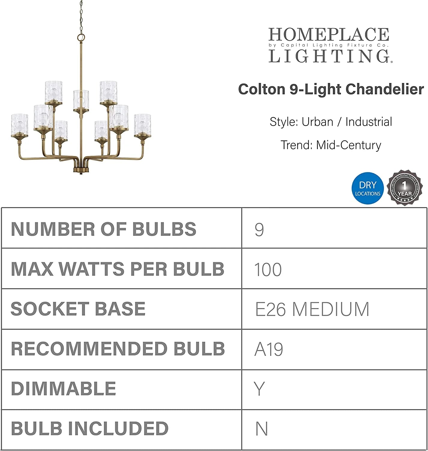 Capital Lighting 428891-451 Colton 9 Light 38" Wide Chandelier - Brass