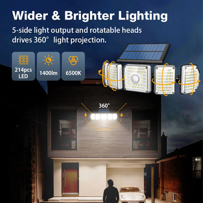 2/1 Pack Solar Lights Outdoor,5 Adjustable Heads Solar Flood Lights,214 LED 3 Lighting Modes Dimmable IP65 Waterproof, Motion Sensor Security Wall Lights