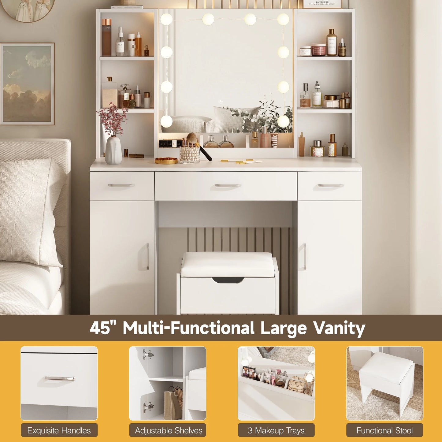 VEANERWOOD Large Makeup Vanity Set with Light Modern Makeup Vanity Table with Storage and Adjustable Lighting Colors for Bedroom 45.2in, White