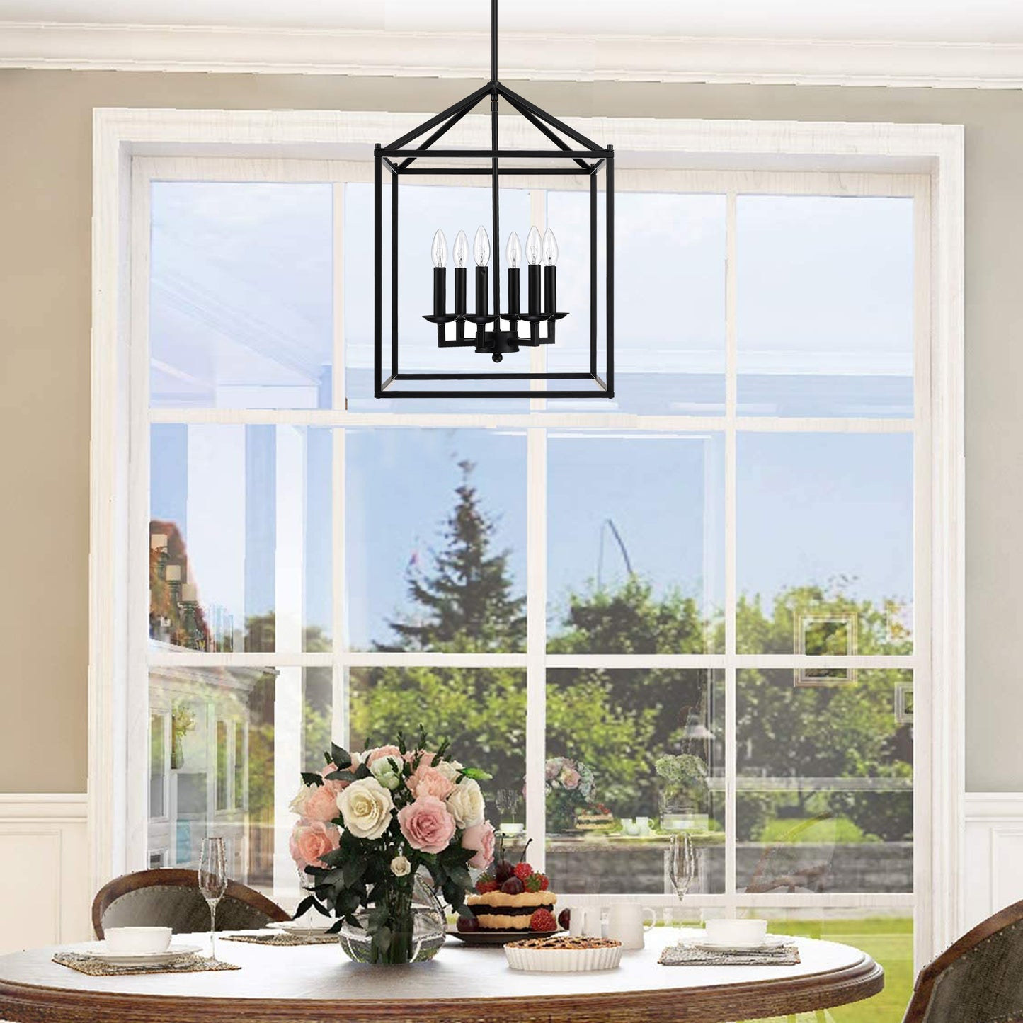 16" 6-Light Kitchen Light Fixture Ceiling Mount Matte Black Pendant Lighting for Dining Room, Living Room