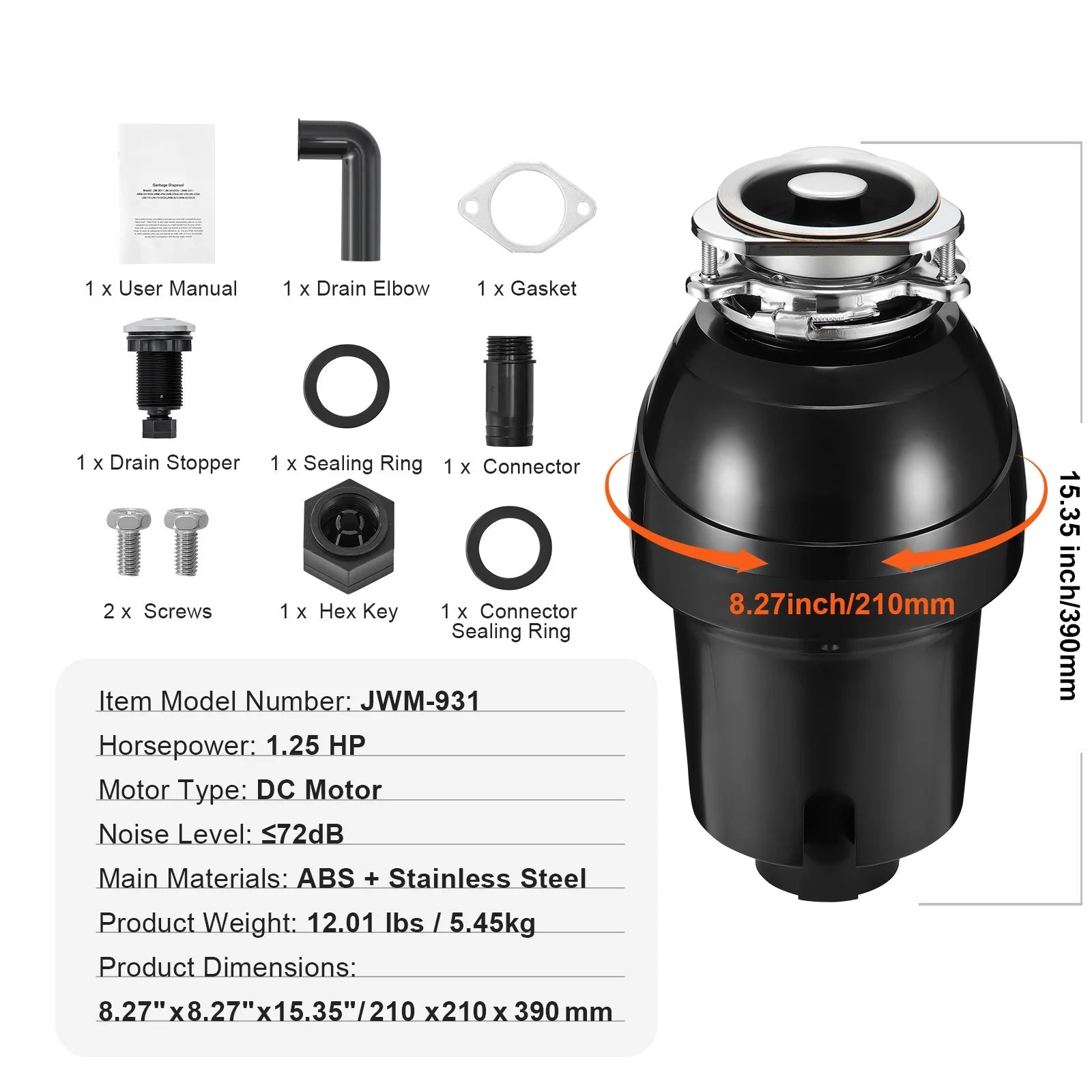 KFFKFF Garbage Disposal, 1.25HP 3360RPM Constant Operation Kitchen Scraps Grinder, Simple Connection Food Residue Grinding Mechanism with Noise Dampening, Electrical Cable & Spatter Shield