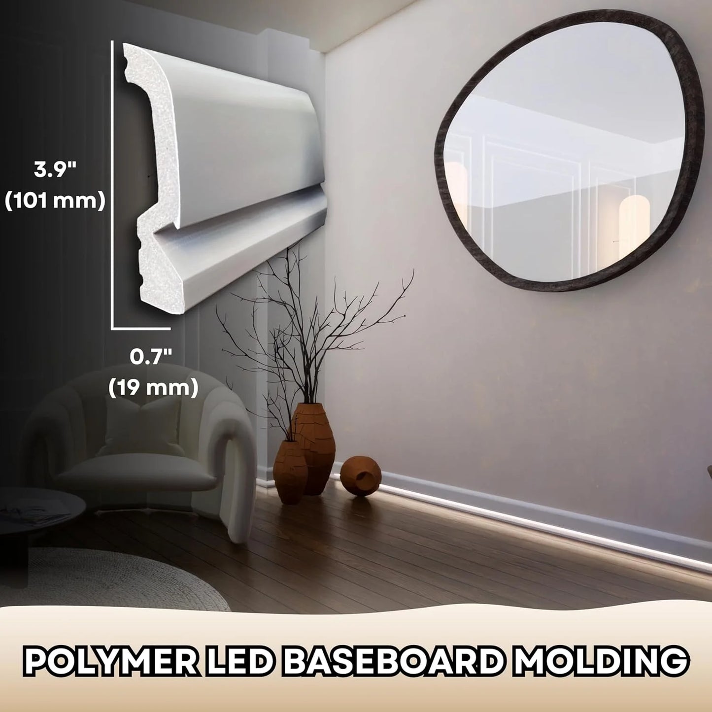 TUALCA 7-Piece 94.5? (55.12 ft) LED Baseboard Molding with Duct Kit for Seamless Ambient Home Accent Lighting | Waterproof Channel for Easy LED Strip Installation (Baseboard MOLDING with LED Duct)