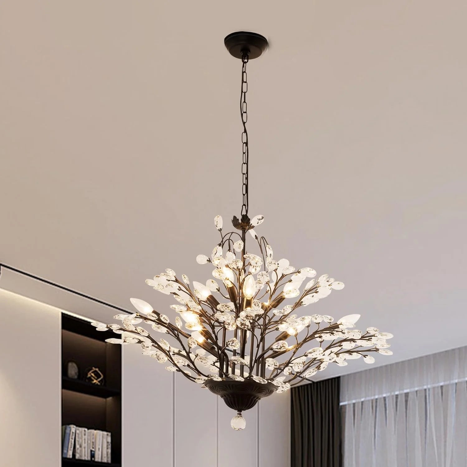 Maxax 4 Lights Semi Flush Mount Crystal Chandelier, Modern K9 Ceiling Light Fixtures, Adjustable Hanging Pendant Lighting, E12 Ceiling Light for Entry Way, Dinning Room, Living Room, Bedroom, Black