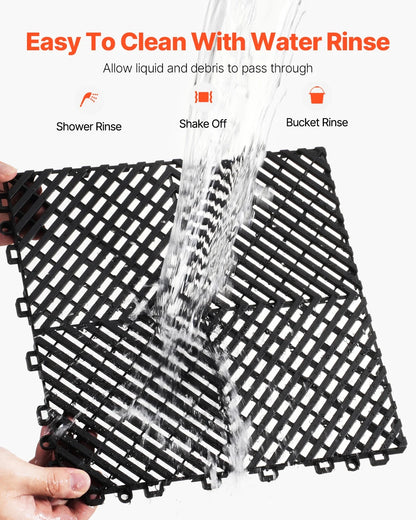 KFFKFF Drainage Floor Mat Set, 12? x 12? Modular Interlocking Padding, Set of 55 Connectable Drainage Mats, Slip-Resistant Black PP Drainage Floor and Bath Mat, Suitable for Garage, Garden
