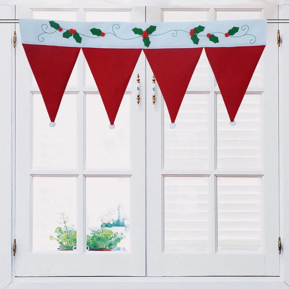 Hemoton Christmas Santa Hat Curtain Valance Christmas Door Window Flag Bunting Decorations for Home Living Room (Red)