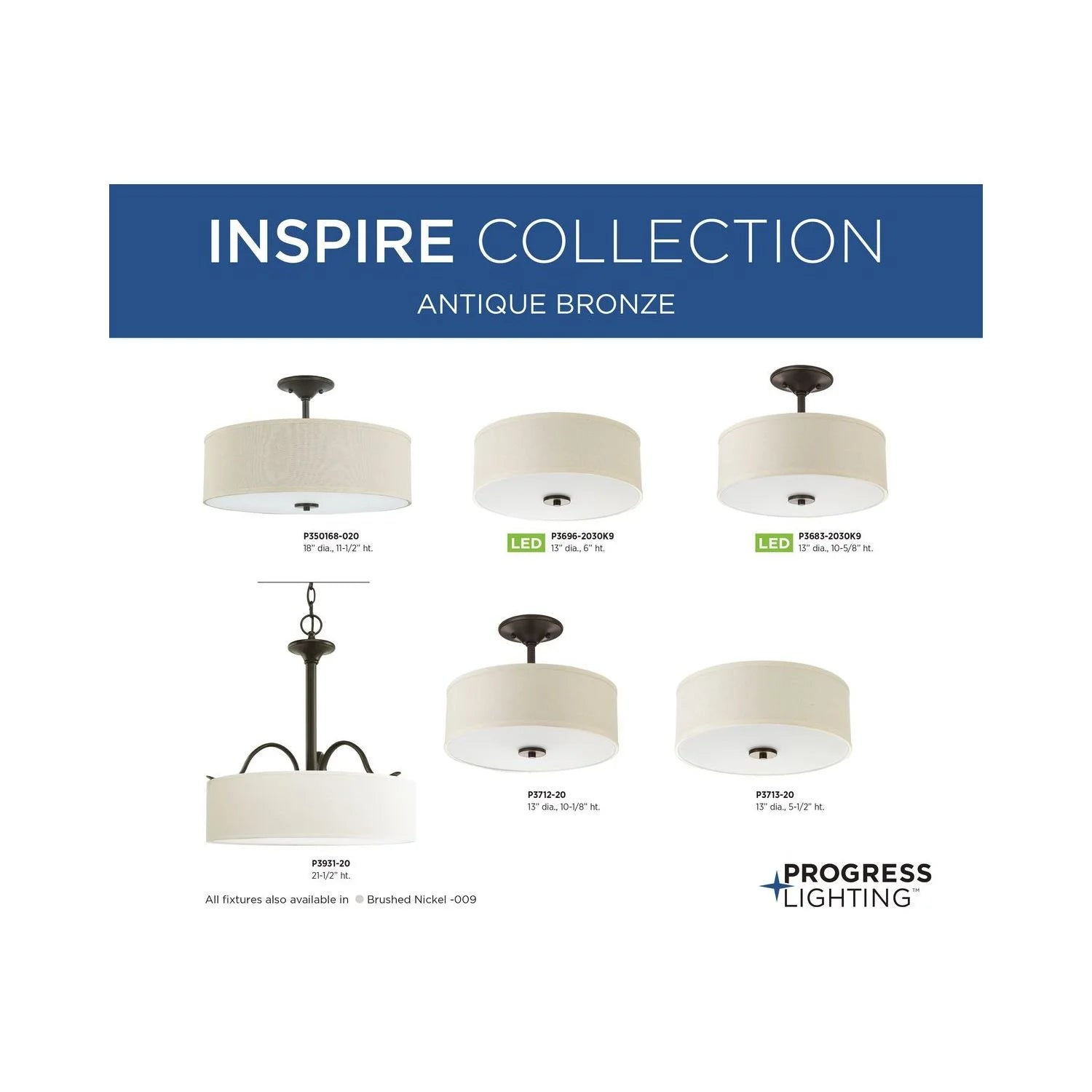 P350168-009-Progress Lighting-Inspire - Close-to-Ceiling Light - 3 Light - Drum Shade in Farmhouse style - 18 Inches wide by 11.5 Inches high-Brushed