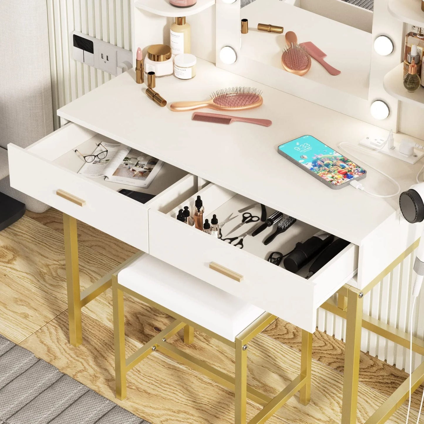Makeup Vanity with Lighted Mirror & Power Strip, White Vanity Set Vanity Desk with Hair Dryer Holder, Modern Makeup Vanity 3 Lighting Colors, Brightness Adjustable, 35.5in(W)
