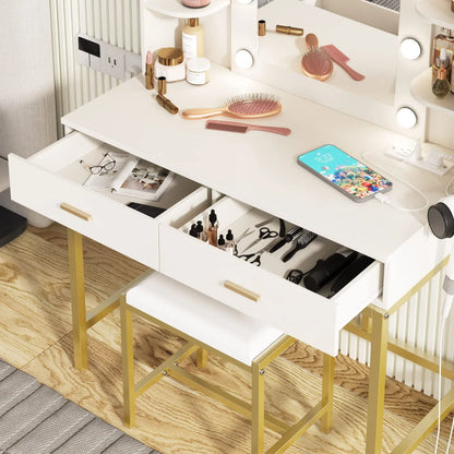 Makeup Vanity with Lighted Mirror & Power Strip, White Vanity Set Vanity Desk with Hair Dryer Holder, Modern Makeup Vanity 3 Lighting Colors, Brightness Adjustable, 35.5in(W)