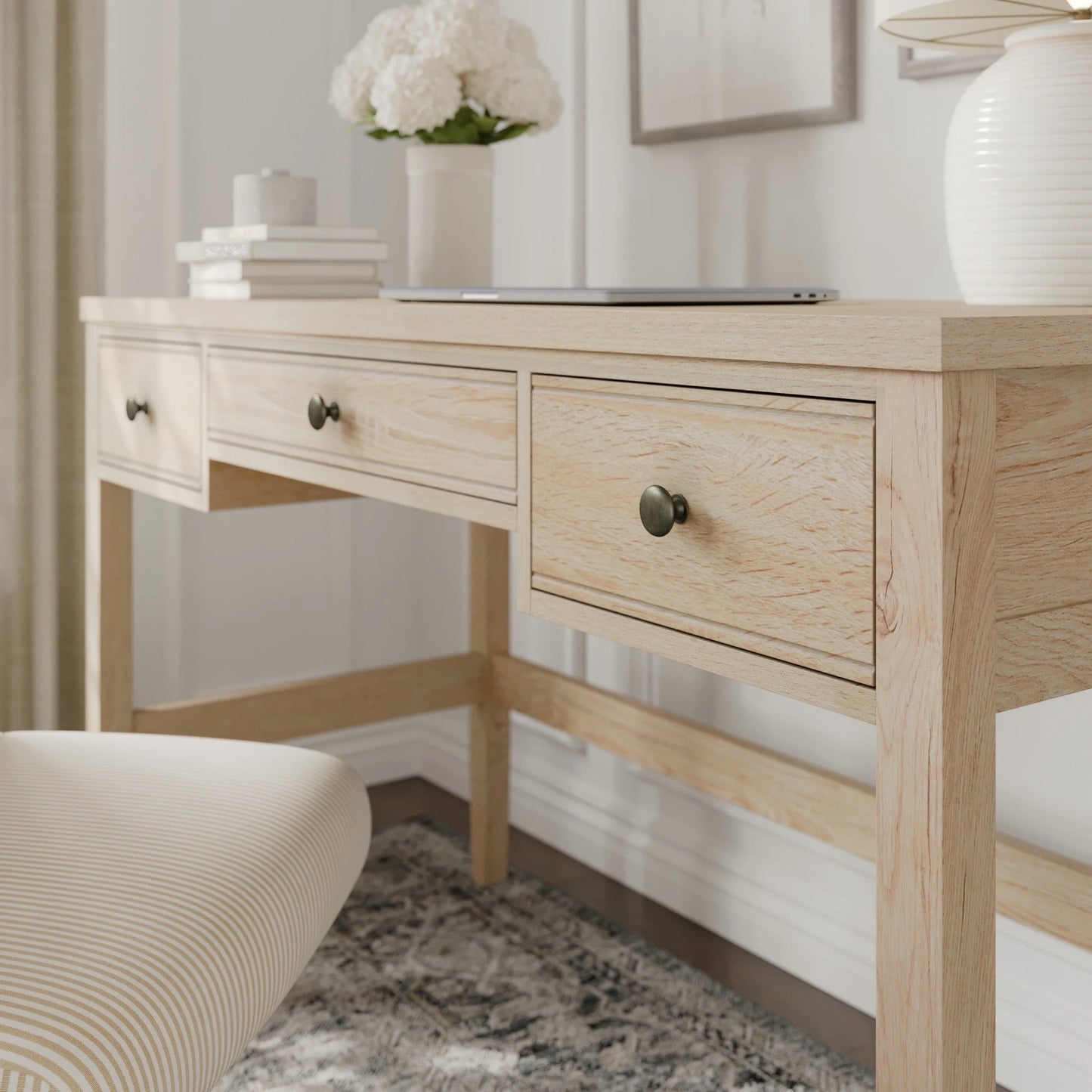 Martha Stewart Home Office Writing Desk with Tapered Legs in Light Natural with Antique Bronze Hardware