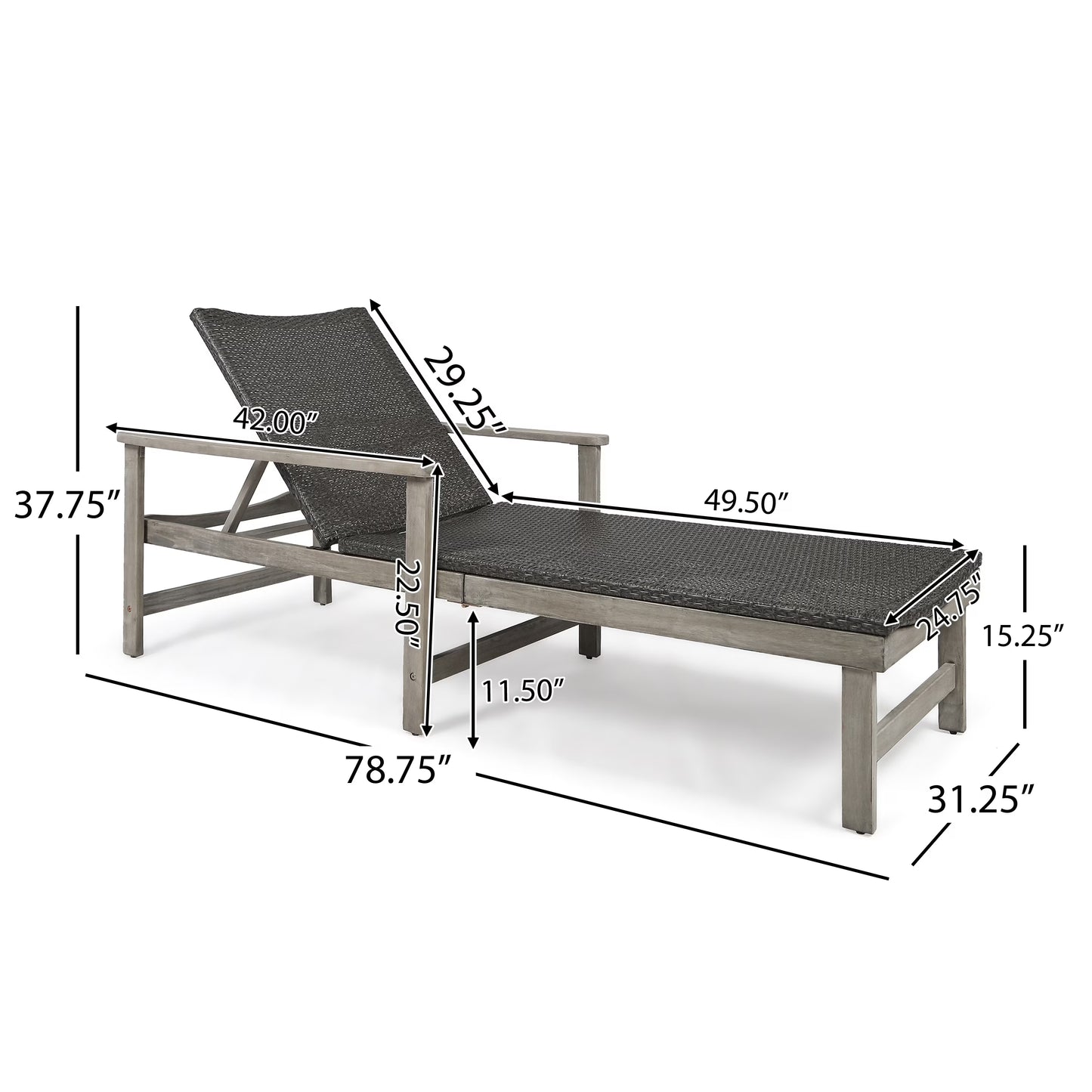 Christopher Knight Home Hampton Outdoor Rustic Acacia Wood Chaise Lounge with Wicker Seating by mixed black, light gray wash