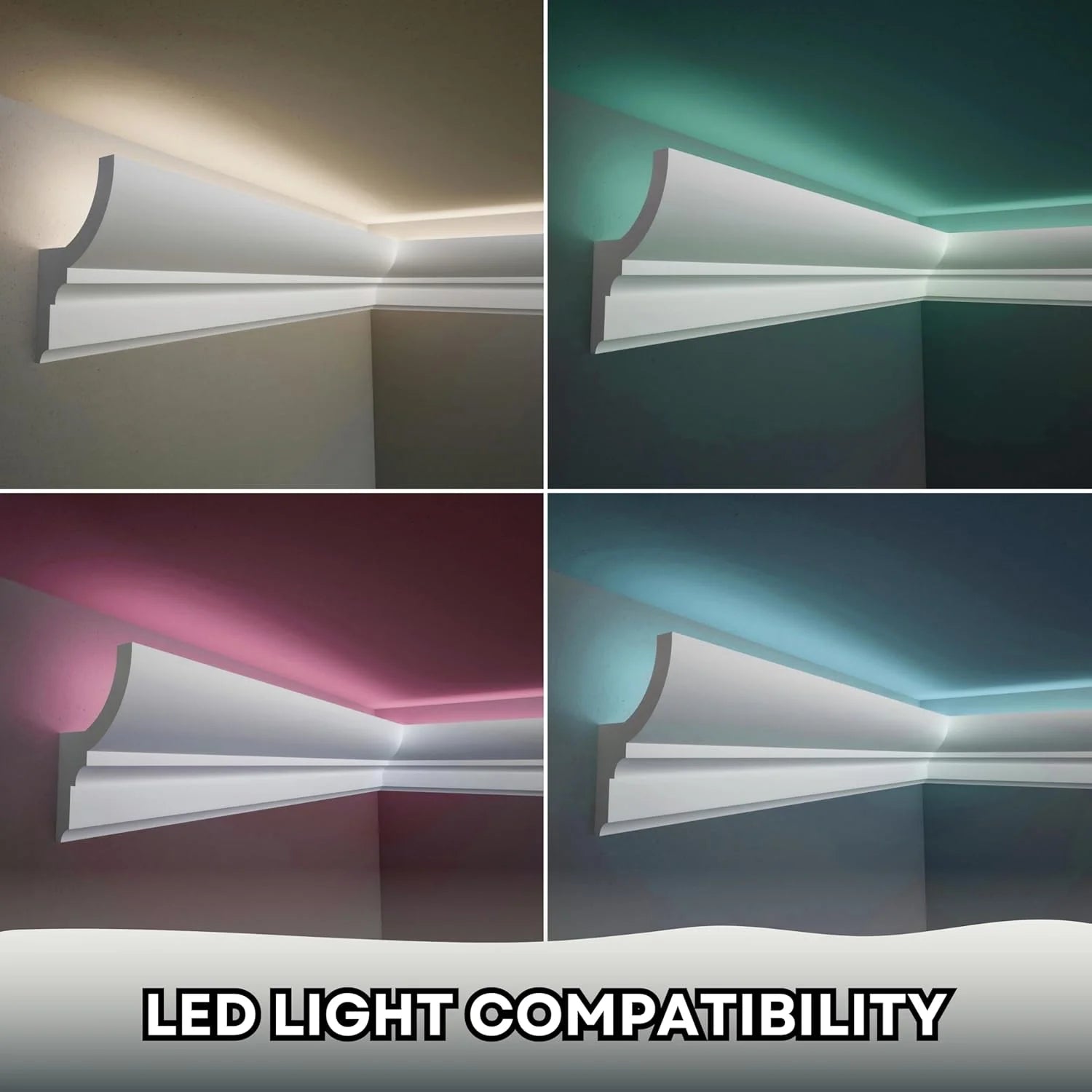 7-Piece 94.5? (55.12 ft) Crown Molding with Duct Kit for Seamless Ambient Home Accent Lighting | Waterproof Channel for Easy LED Strip Installation (CROWN MOLDING WITH LED DUCT)