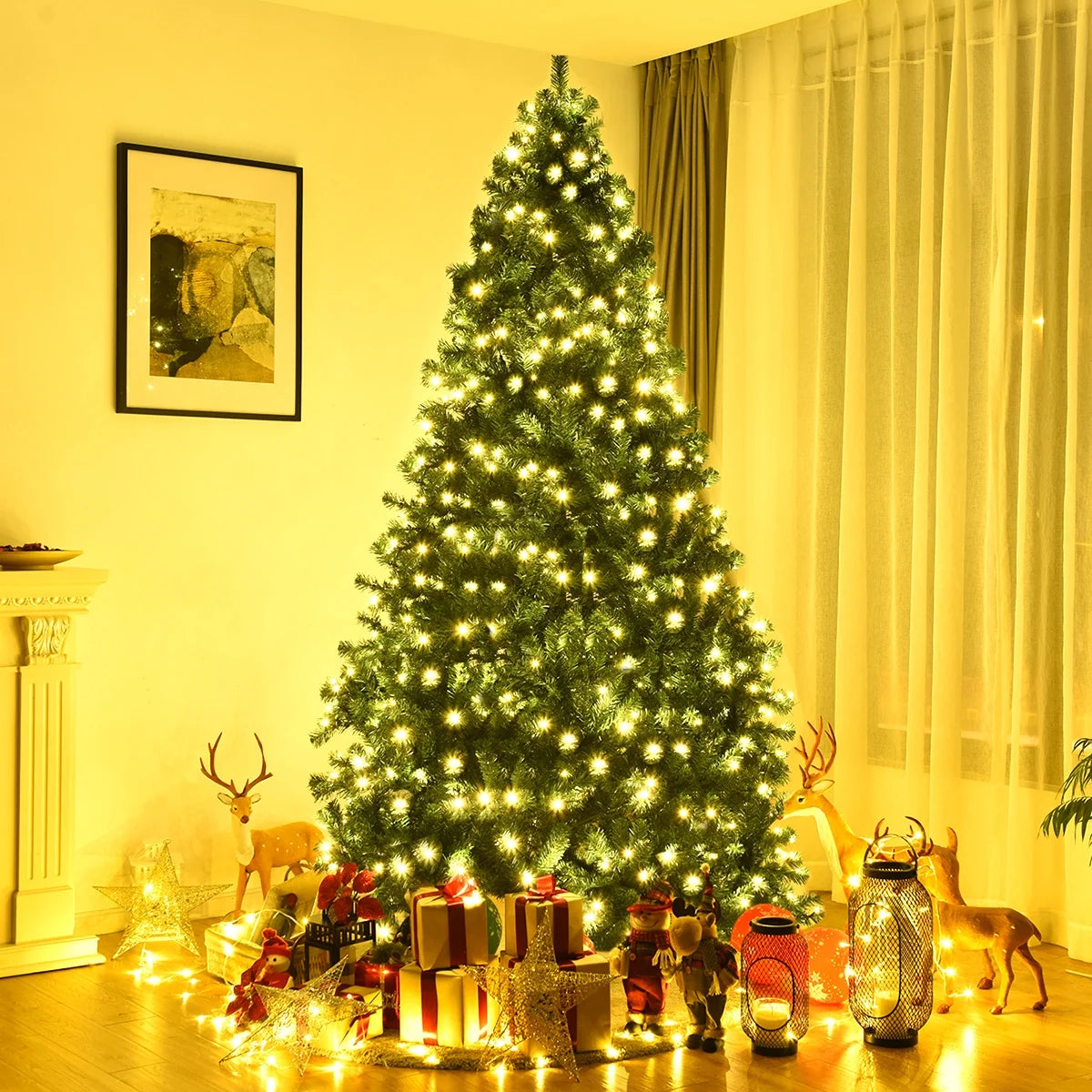 Costway 7Ft Pre-Lit PVC Hinged Christmas Tree 300 LED Lights Green