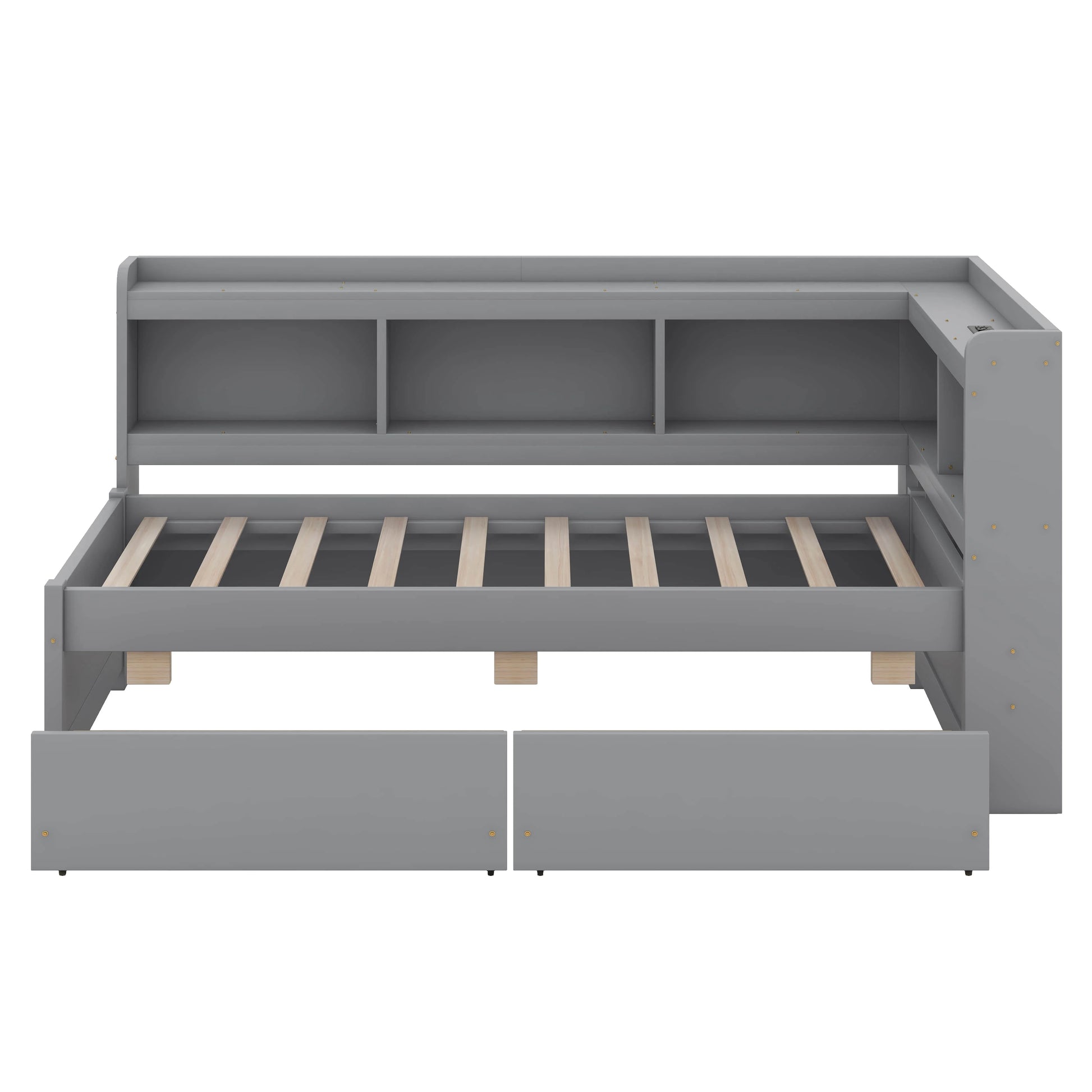 BEBPILOO Twin Size L-Shaped Bookcase Bed with Electrical Outlet, USB Charging Port, Two Drawers, Gray