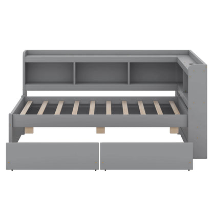 BEBPILOO Twin Size L-Shaped Bookcase Bed with Electrical Outlet, USB Charging Port, Two Drawers, Gray