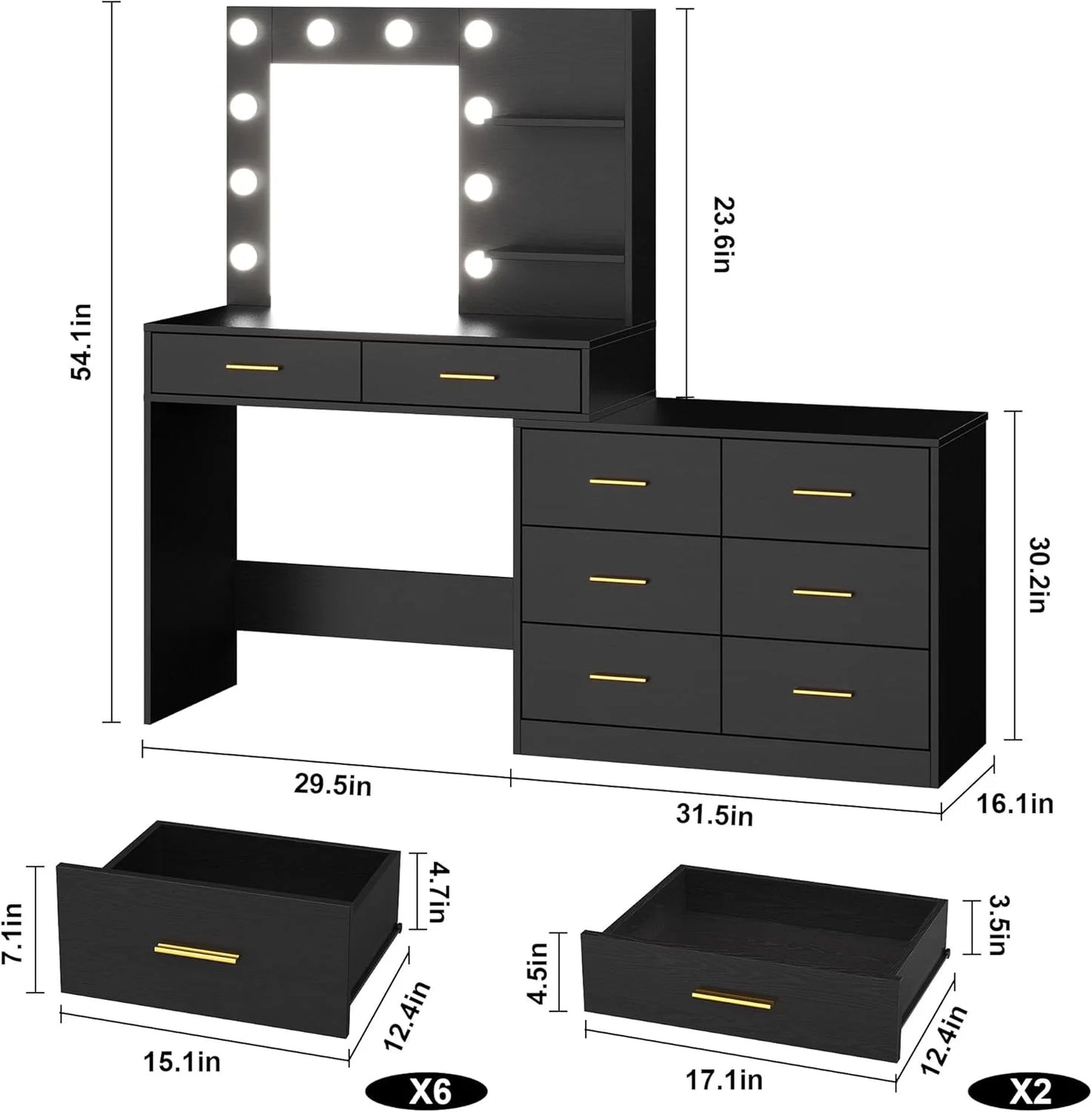 Garvee 61" White Makeup Vanity Desk with Mirror and Lights, Adjustable Brightness, 3 Lighting Modes, 8 Storage Drawers & 2 Open Shelves - Vanity Table for Bedroom