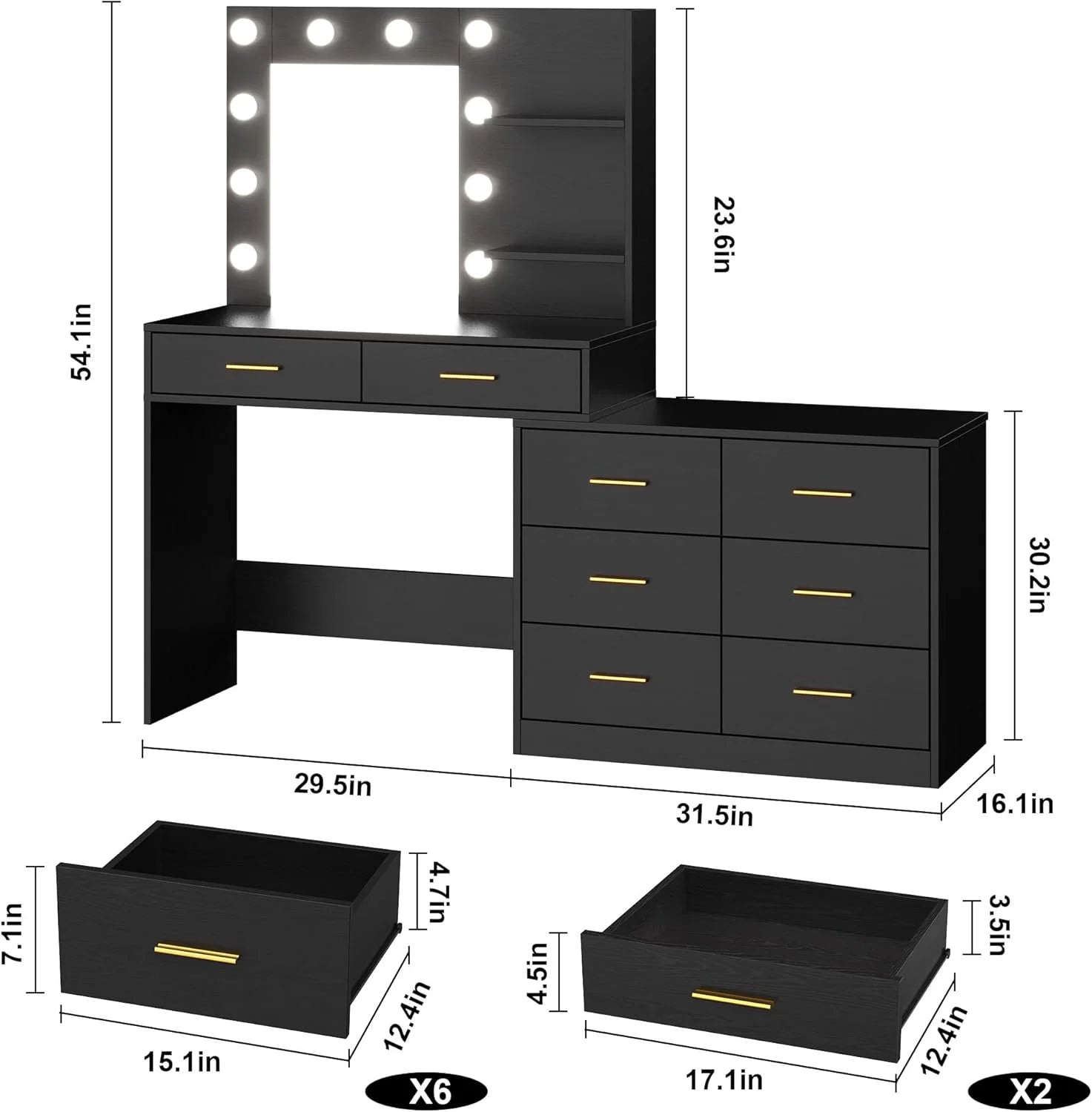 Garvee 61" White Makeup Vanity Desk with Mirror and Lights, Adjustable Brightness, 3 Lighting Modes, 8 Storage Drawers & 2 Open Shelves - Vanity Table for Bedroom
